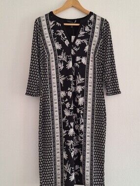 NWT White House Black Market Black & White Floral Border Midi Dress